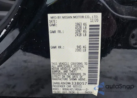 2021 Nissan Altima Sv Fwd из США, поврежденный, VIN 1N4BL4DV2MN338057